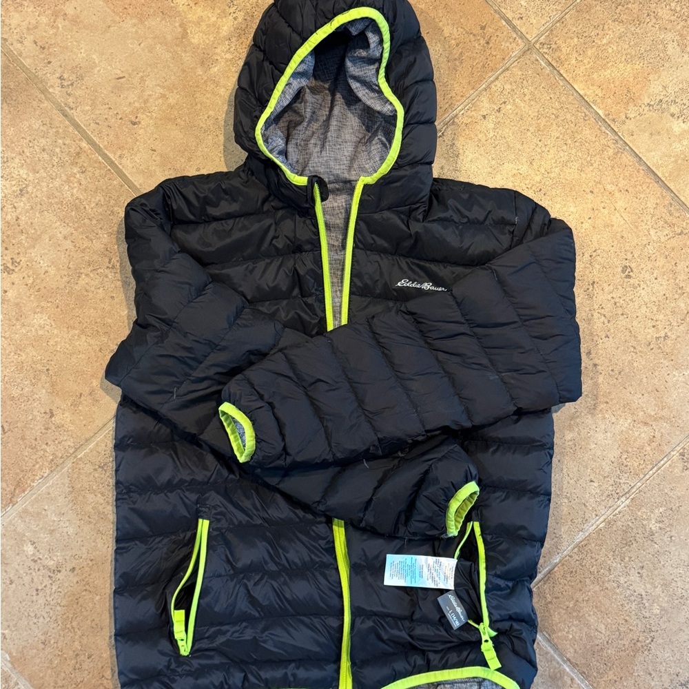 Eddie Bauer 13/14 down puffer coat black with neon green trim